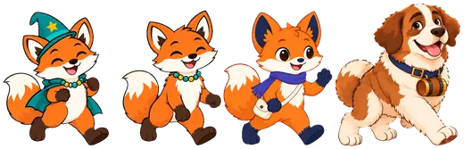 The four learning guides: Math Magician's fox, SolveTrail's fox, QuantRoute's fox and Barry